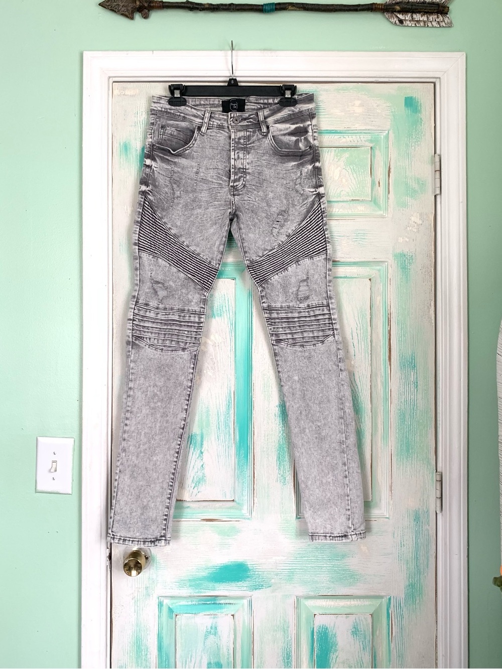 Project X Paris Grey Stone Washed Biker Denim Jeans Size 30